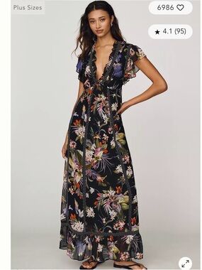 Anthropologie Floral Black Maxi Dress with Ruffle V-Neck- size medium